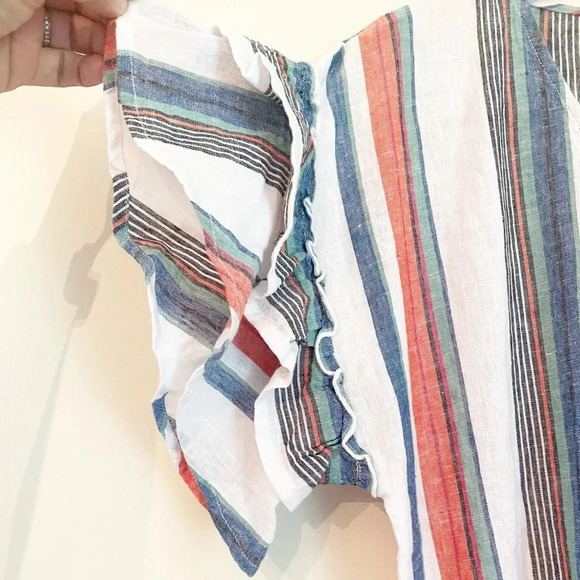 Chelsea & Theodore Short Double Ruffle Sleeve V-Neck Striped Linen Dress - Picture 7 of 9